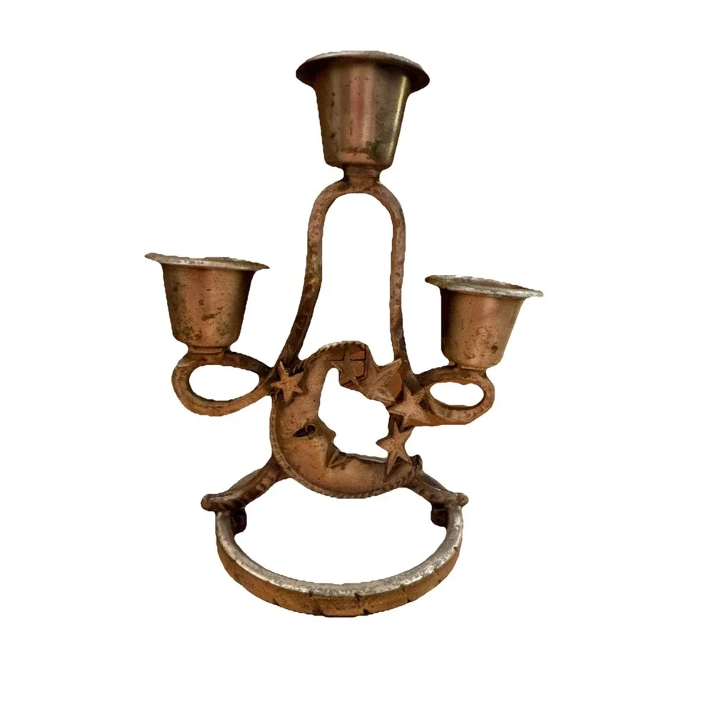 Vtg 3 Cup Candelabra Celestial Moon Stars Brass Nickle Plated Handcrafted 5